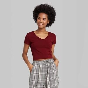 Women's Short Sleeve V-Neck Cropped T-Shirt - Wild Fable-Berry Maroon - Medium